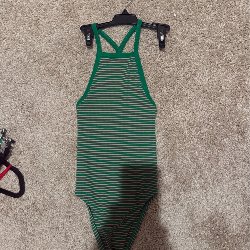 Zara Green and White Striped Halter Bodysuit